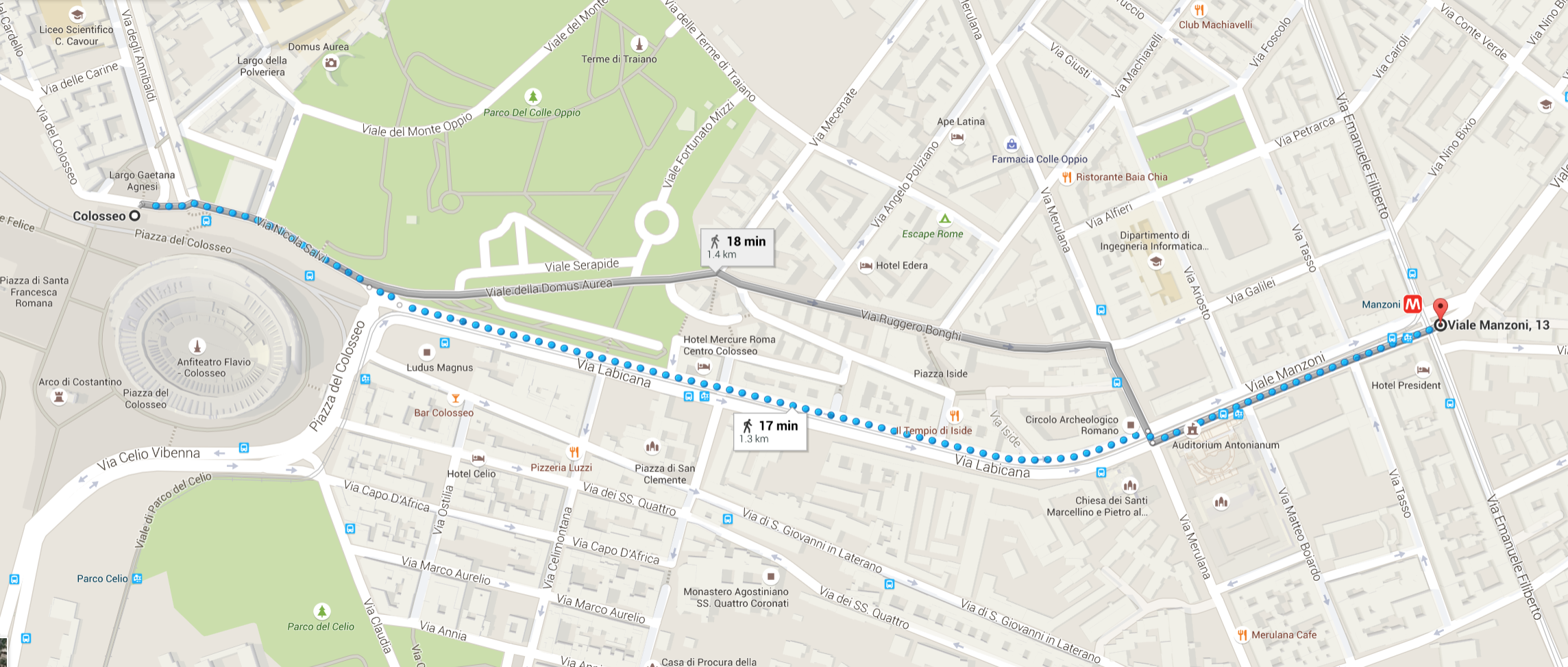 GoogleMap of our B&B in Rome to the Coliseum